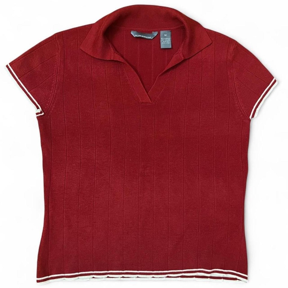 Hillard & Hanson Polo Sweater Women M Red Excellent Ribbed Short Sleeve V-Neck